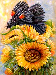 Redwing blackbirds and sunflowers